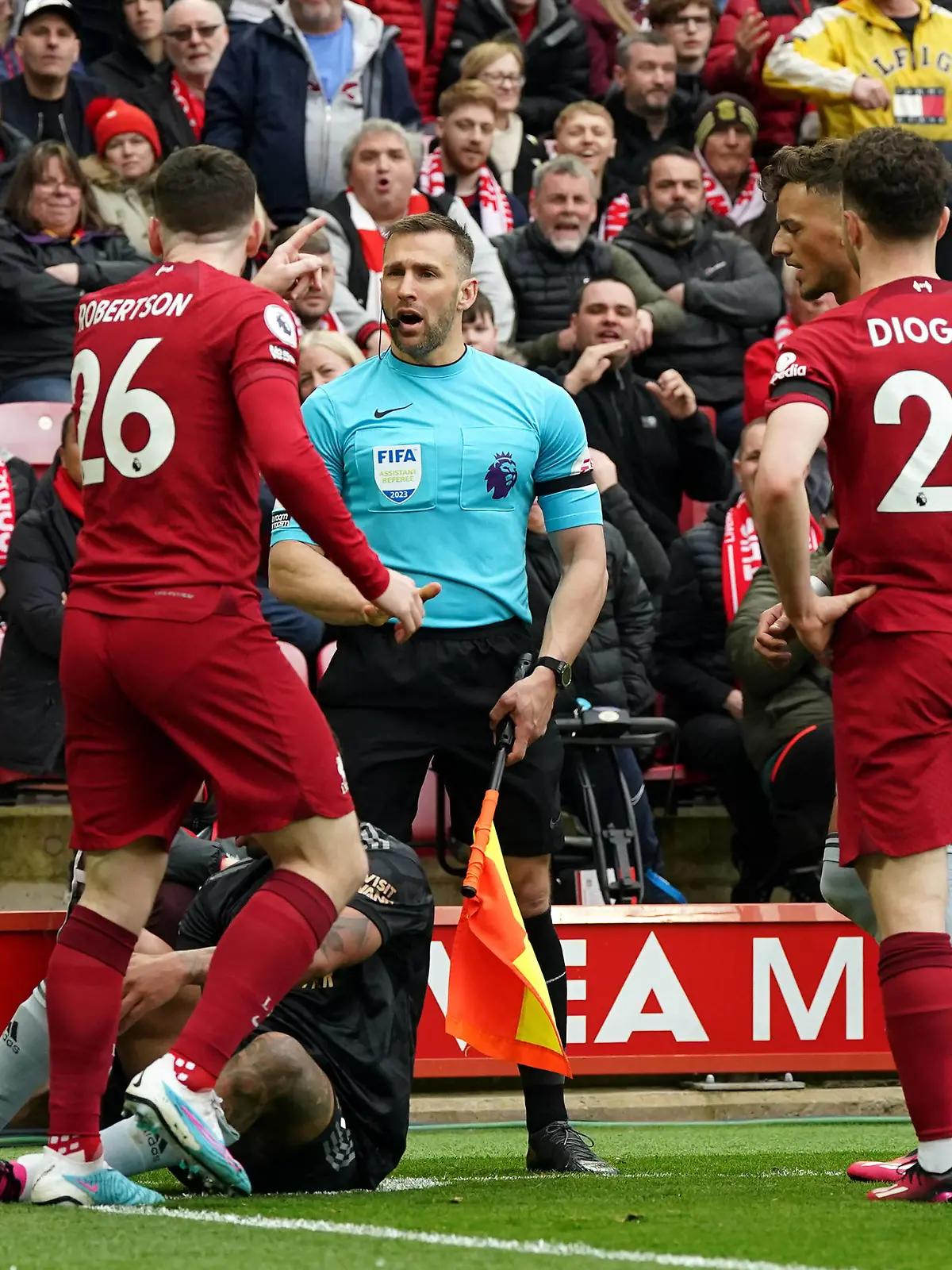 Liverpool v Arsenal - Premier League - Anfield Liverpool s Andrew Robertson appeals to assistant referee Constantine Hatzidakis during the Premier League match at Anfield, Liverpool. Picture date: Sunday April 9, 2023. EDITORIAL USE ONLY No use with unauthorised audio, video, data, fixture lists, club/league logos or live services. Online in-match use limited to 120 images, no video emulation. No use in betting, games or single club/league/player publications. PUBLICATIONxNOTxINxUKxIRL Copyright: xNickxPottsx 71693775