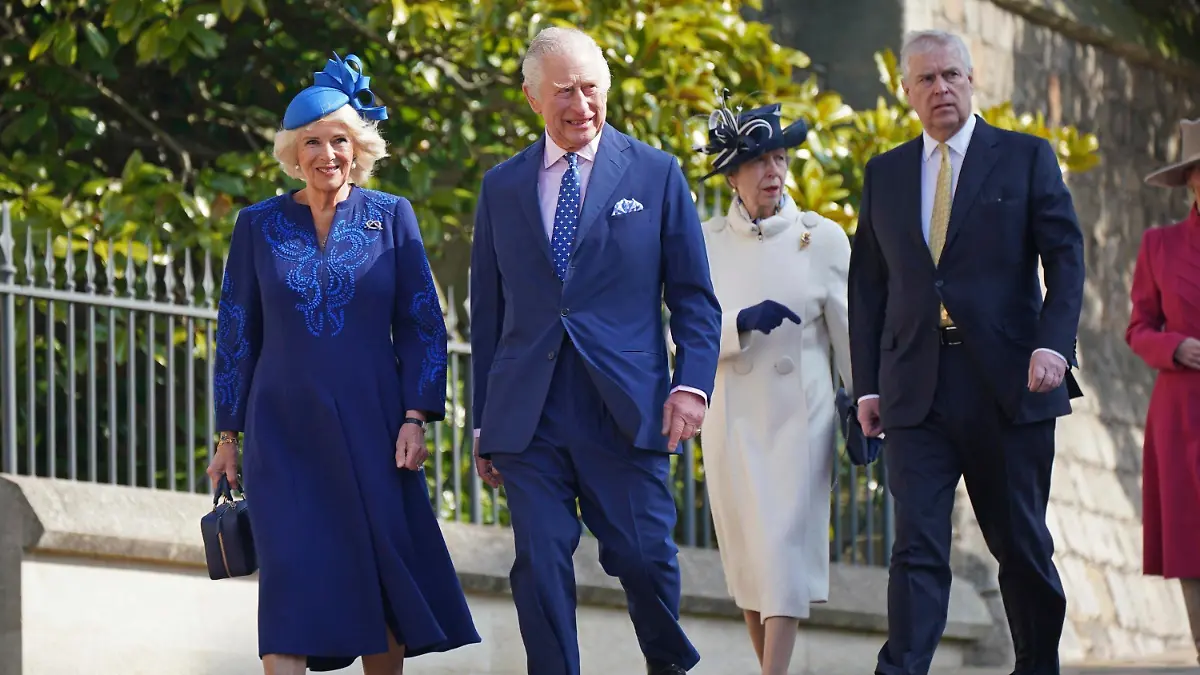 Britain's King Charles III and Camilla, the Queen Consort with Princess Anne, second right, and Prince Andrew, right, attend the Easter Mattins Service at St George's Chapel at Windsor Castle in Windsor, England, Sunday April 9, 2023. (Yui Mok/Pool via AP)