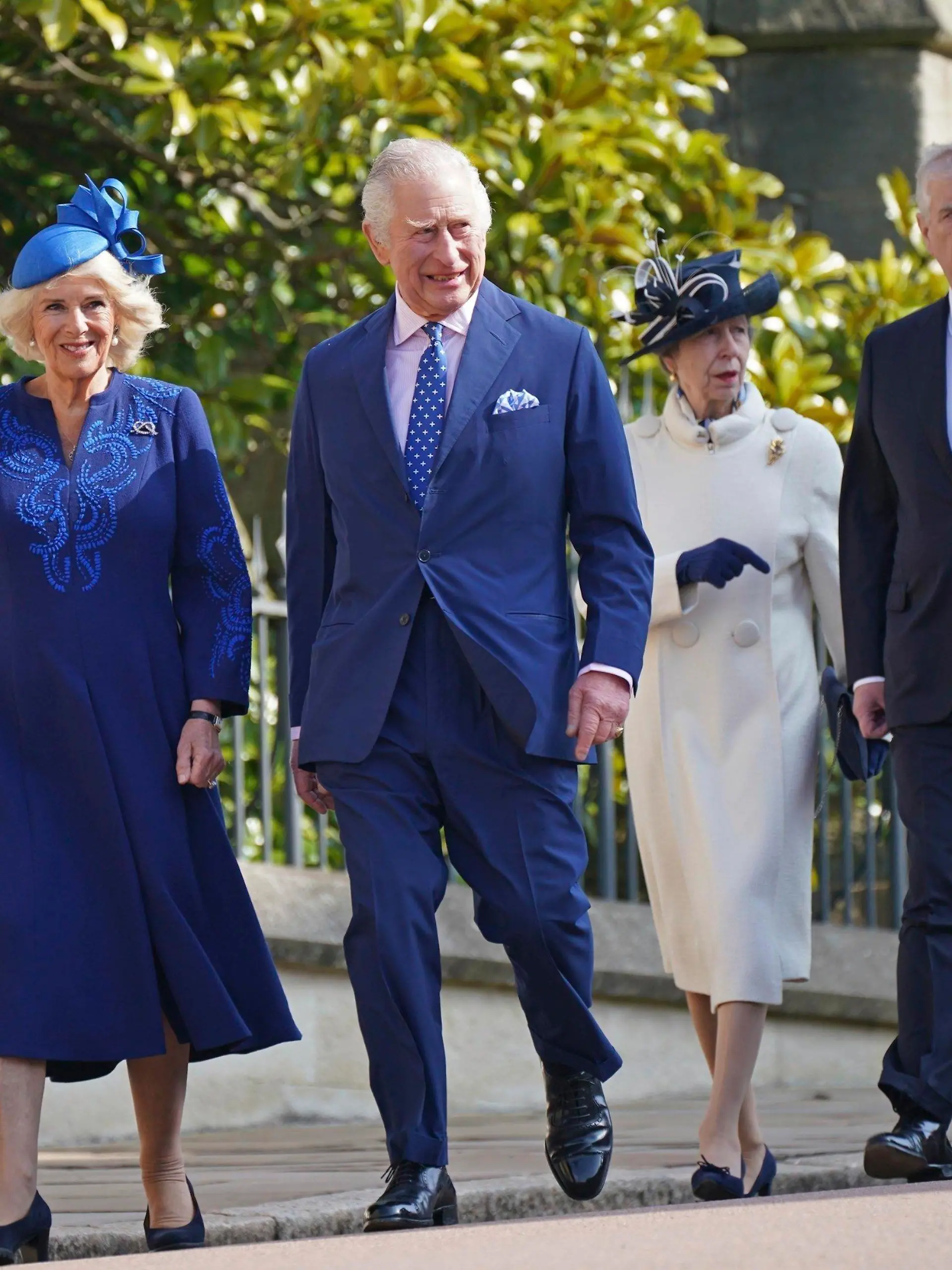 Britain's King Charles III and Camilla, the Queen Consort with Princess Anne, second right, and Prince Andrew, right, attend the Easter Mattins Service at St George's Chapel at Windsor Castle in Windsor, England, Sunday April 9, 2023. (Yui Mok/Pool via AP)