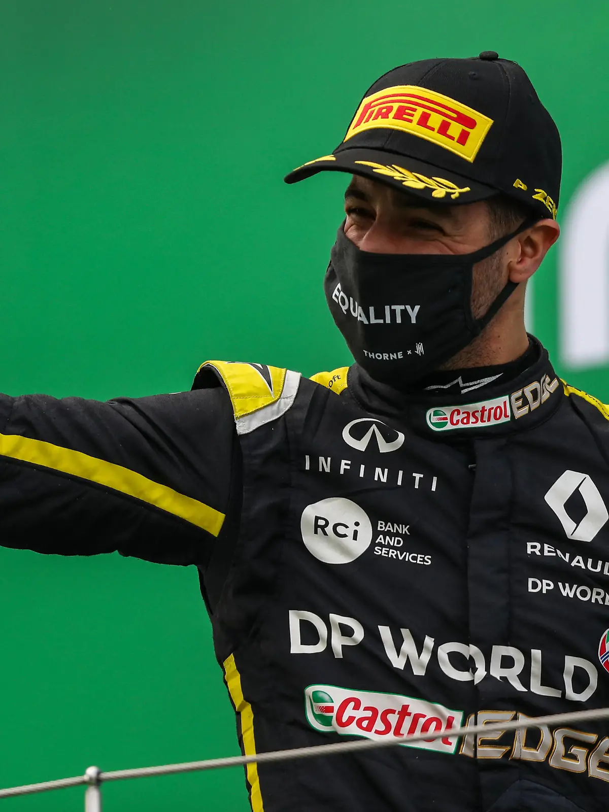 2020 Eifel GP NüRBURGRING, GERMANY - OCTOBER 11: Daniel Ricciardo, Renault F1, 3rd position, on the podium during the Eifel GP at Nürburgring on Sunday October 11, 2020, Germany. Photo by Charles Coates / LAT Images Images PUBLICATIONxINxGERxSUIxAUTxHUNxONLY GP2010_130410AN3I4542