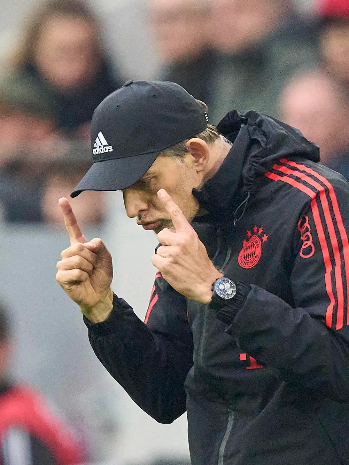 Trainer Thomas Tuchel FCB, team manager, headcoach, coach, geste in the match SC FREIBURG - FC BAYERN MUENCHEN 1.German Football League on Apr 8, 2023 in Freiburg, Germany. Season 2022/2023, matchday 27, 1.Bundesliga, FCB, BVB, München, 27.Spieltag.