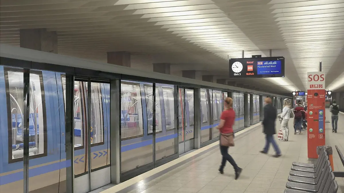 HANDOUT - 08.07.2019, München: Das von der Münchner Verkehrsgesellschaft zur Verfügung gestellte und am Computer bearbeitete Bild zeigt automatische Bahnsteigtüren am Bahnsteig. In einem Pilotprojekt im U-Bahnhof Olympiazentrum sollen solche Bahnsteigtüren ab 2023 zunächst an einem Gleis getestet werden. Foto: Wolfgang Wellige/MVG/dpa - ACHTUNG: Nur zur redaktionellen Verwendung im Zusammenhang mit der aktuellen Berichterstattung und nur mit vollständiger Nennung des vorstehenden Credits +++ dpa-Bildfunk +++