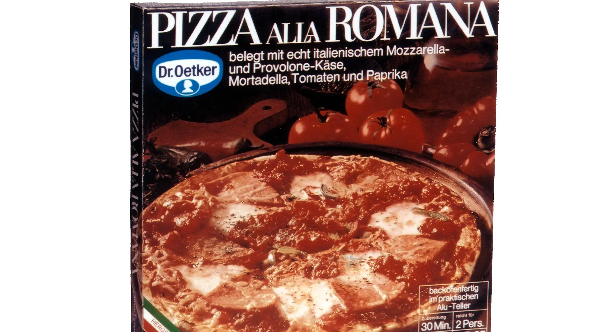 HANDOUT - 25.09.2020, ---: Die "Pizza alla Romana" von Dr. Oetker, die erste Tiefkühlpizza, die 1970 in den deutschen Handel kam (undatierte Aufnahme). Vor 50 Jahren kam die erste Tiefkühlpizza in den deutschen Handel.(zu dpa-KORR Corona-Jahr: Krisengewinner Pizza) Foto: Dr. August Oetker KG Firmenarchiv/dpa - ACHTUNG: Nur zur redaktionellen Verwendung im Zusammenhang mit einer Berichterstattung über "50 Jahre Tiefkühlpizza" und nur mit vollständiger Nennung des Credits +++ dpa-Bildfunk +++