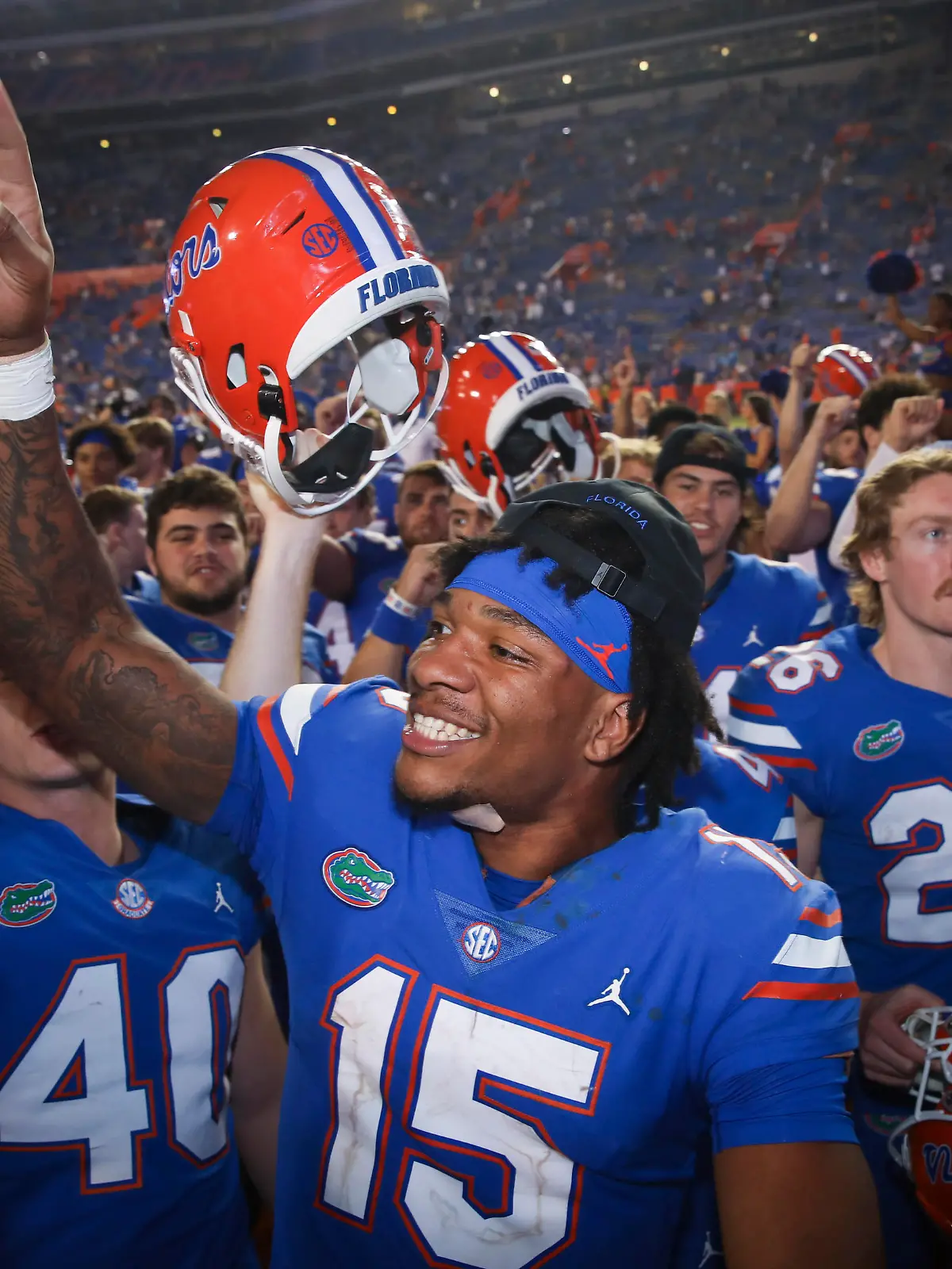 Florida quarterback Anthony Richardson (15) celebrates with teammates after an NCAA college football game against South Carolina on Saturday, Nov. 12, 2022, in Gainesville, Fla. (AP Photo/Matt Stamey)