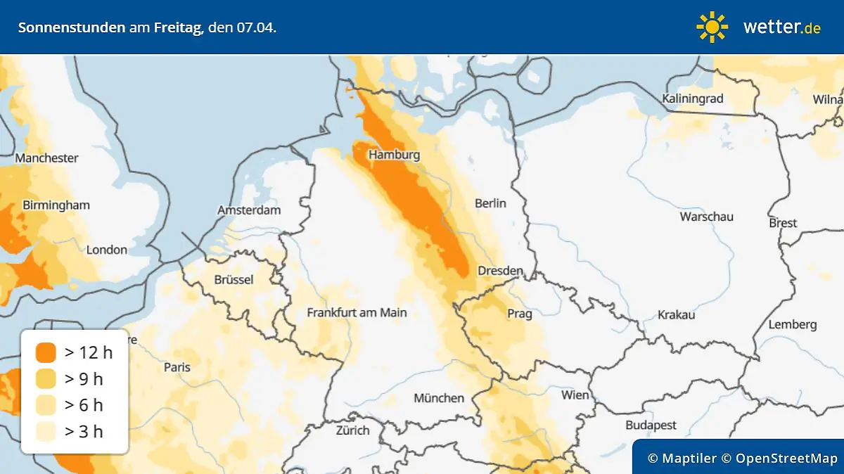 Die Grafik zeigt die Sonnenscheindauer für Karfreitag, 07.04.2023
