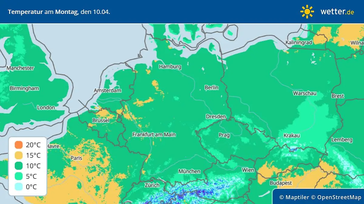 Die Grafik zeigt die Höchstwerte für Ostermontag am 10.04.2023