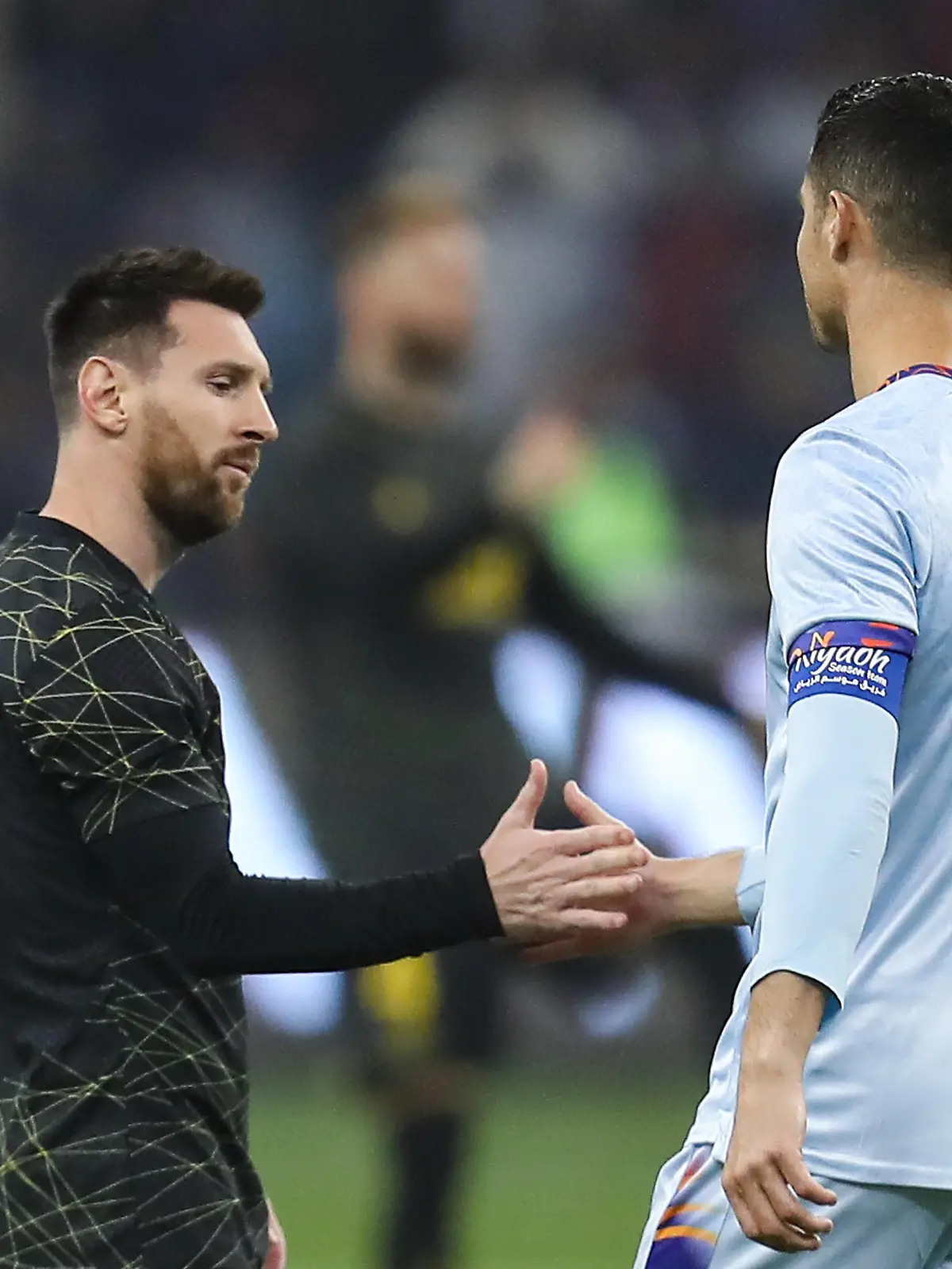 Riyadh All-Star XI vs Paris Saint-Germain FC Lionel Messi L and Cristiano Ronaldo great each other prior Riyadh All-Star XI vs Paris Saint-Germain FC at King Fahd Stadium on January 19, 2023 in Riyadh, Saudi Arabia. Riyadh King Fahd Stadium Saudi Arabia PUBLICATIONxNOTxINxJPNxUK Copyright: xStringerx 2023.01.19_PSI03235.GS.WEST_HOA_001350-2