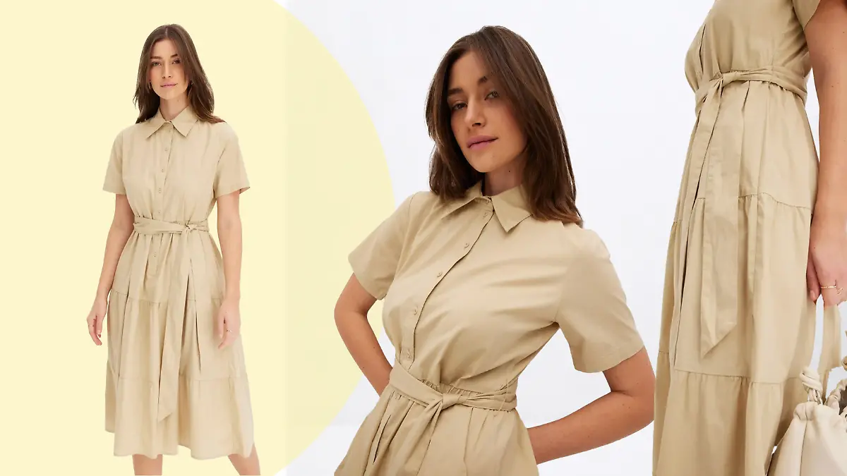 Ein Model trägt ein Blusenkleid in Grünbeige.