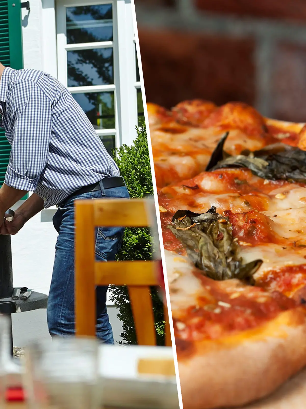 Mann, der am Grillkamin steht und Fleisch brät und eine Pizza in einer Collage.