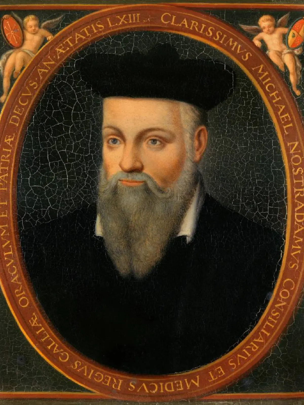 C1346 , After Cesar Nostradamus (1555-1629), French School. Portrait of Michel de Nostre-Dame, called Nostradamus (1503-1566), Astrologist. Oil on canvas, 0.18 x 0.13 m. Versailles, Chateaux de Versailles et de Trianon. Nostradamus Cesar ( 1555 - 1629 ) Ec. Fr. ( d apres ) , Portrait de Nostradamus ; Michel de Nostredame , astrologue ( 1503 - 1566 ) ( huile sur toile 0,18 x 0,13 m ) , Versailles . Musee Du Chateau PUBLICATIONxINxGERxSUIxAUTxHUNxONLY PhotoxJossexChristophel 1018_05_c1346  
