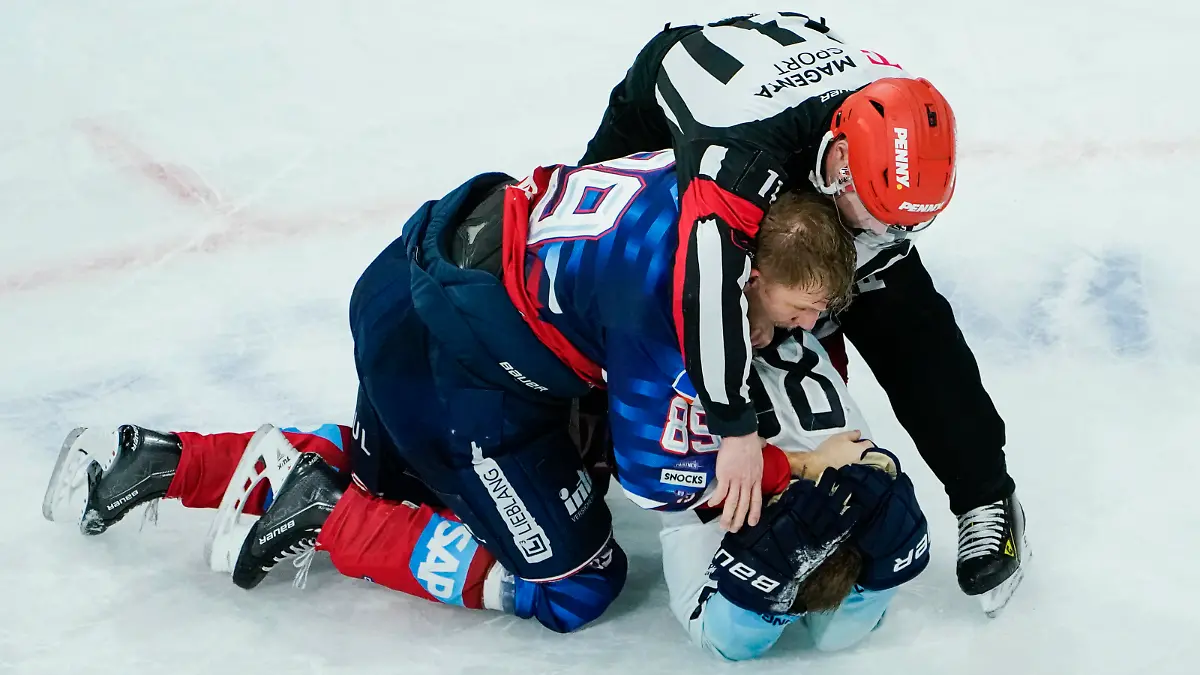 Eishockey, DEL, Adler Mannheim - ERC Ingolstadt, Meisterschaftsrunde, Halbfinale, 2. Spieltag, SAP-Arena. Ingolstadts Daniel Pietta (unten) und Mannheims David Wolf (l) haben eine Auseinandersetzung.