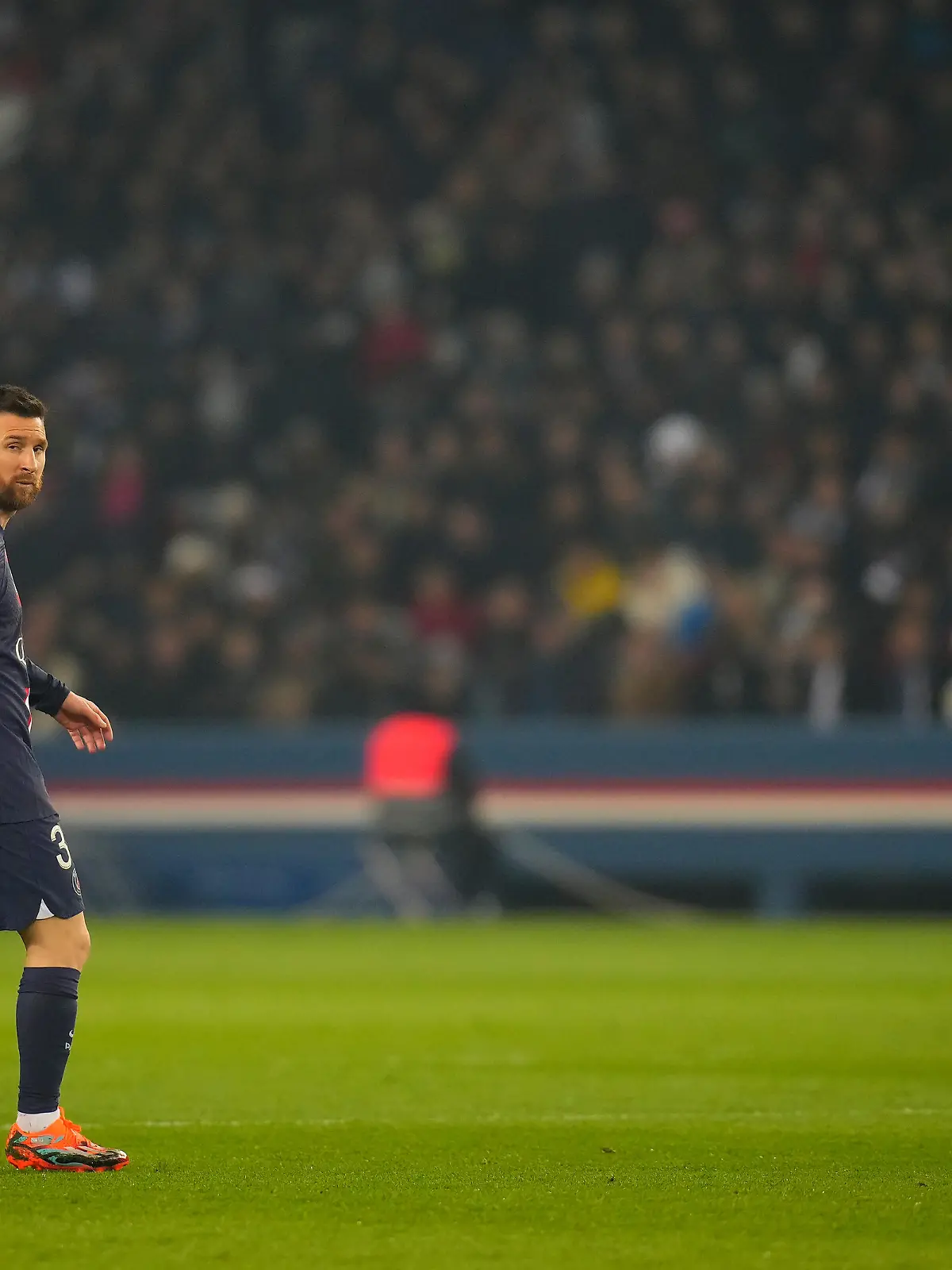 (230403) -- PARIS, April 3, 2023 (action press/Xinhua) -- Lionel Messi of Paris Saint-Germain reacts during a French Ligue 1 football match between Paris Saint Germain (PSG) and Olympic Lyonnais (OL) in Paris, France, April 2, 2023. (Photo by Glenn Gervot/action press/Xinhua) / action press