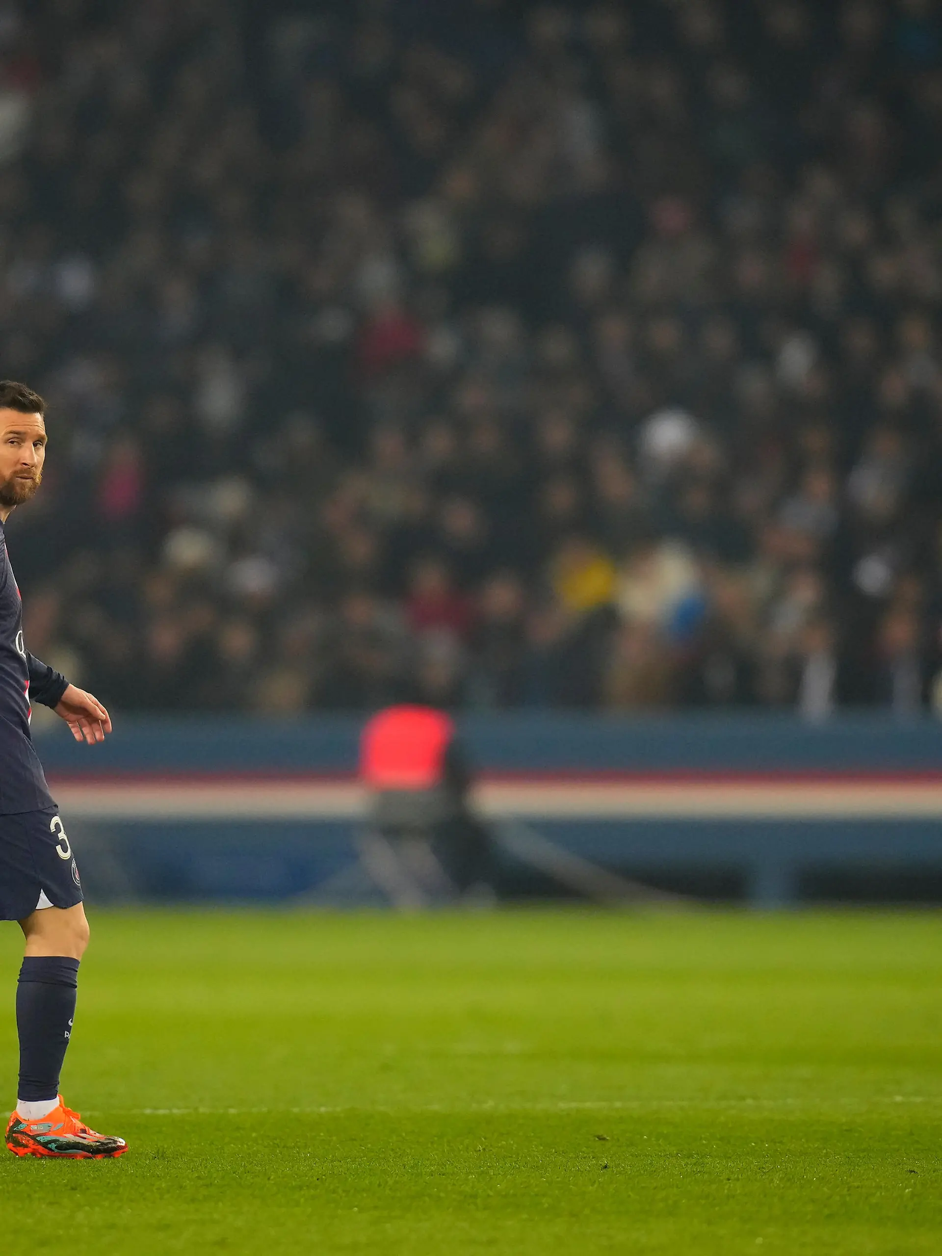 (230403) -- PARIS, April 3, 2023 (action press/Xinhua) -- Lionel Messi of Paris Saint-Germain reacts during a French Ligue 1 football match between Paris Saint Germain (PSG) and Olympic Lyonnais (OL) in Paris, France, April 2, 2023. (Photo by Glenn Gervot/action press/Xinhua) / action press