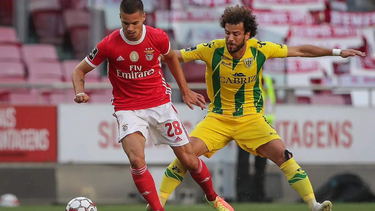 Benfica's player Julian Weigl, left, vies for the ball with Tondela's Joao Pedro during a Portuguese League soccer match between Benfica and Tondela in Lisbon, Portugal, Thursday, June 4, 2020. The Portuguese League soccer matches resumed Wednesday without spectators because of the coronavirus pandemic. (Tiago Petinga/Pool via AP)