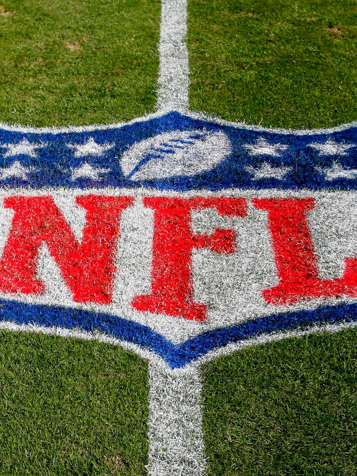 FILE - In this Nov. 4, 2018 file photo, the NFL logo is displayed on the field at the Bank of American Stadium before an NFL football game between the Tampa Bay Buccaneers and the Carolina Panthers in Charlotte, N.C. The NFL revealed Sunday, Aug. 23, 2020, that several positive COVID-19 tests were found a day earlier by one of its testing partners, and the Chicago Bears said they had nine false positives. (AP Photo/Nell Redmond, File)