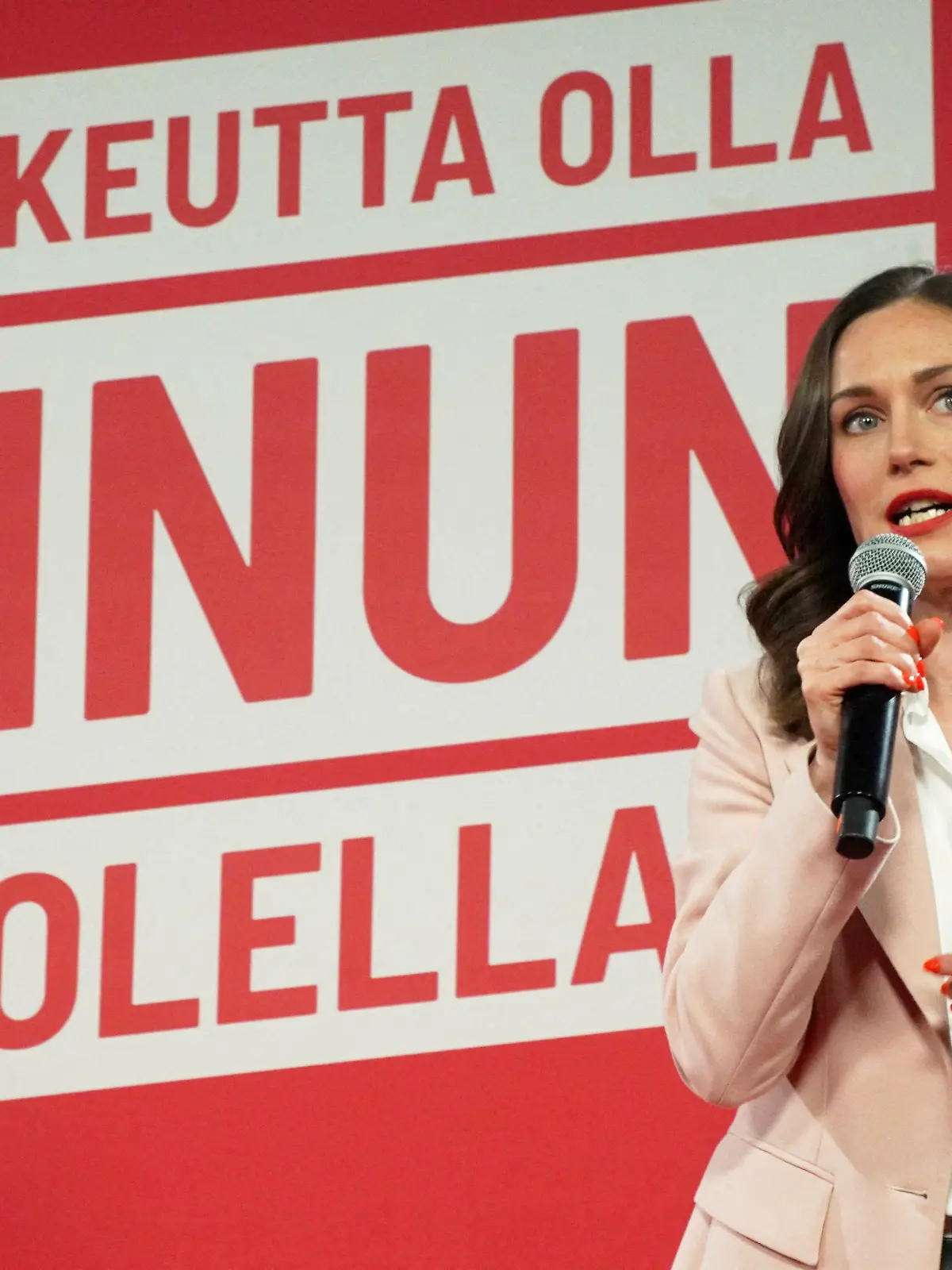 Finland's Prime Minister Sanna Marin speaks as she attends the Social Democratic Party's parliamentary election event in Helsinki, Finland, April 2, 2023. REUTERS/Tom Little