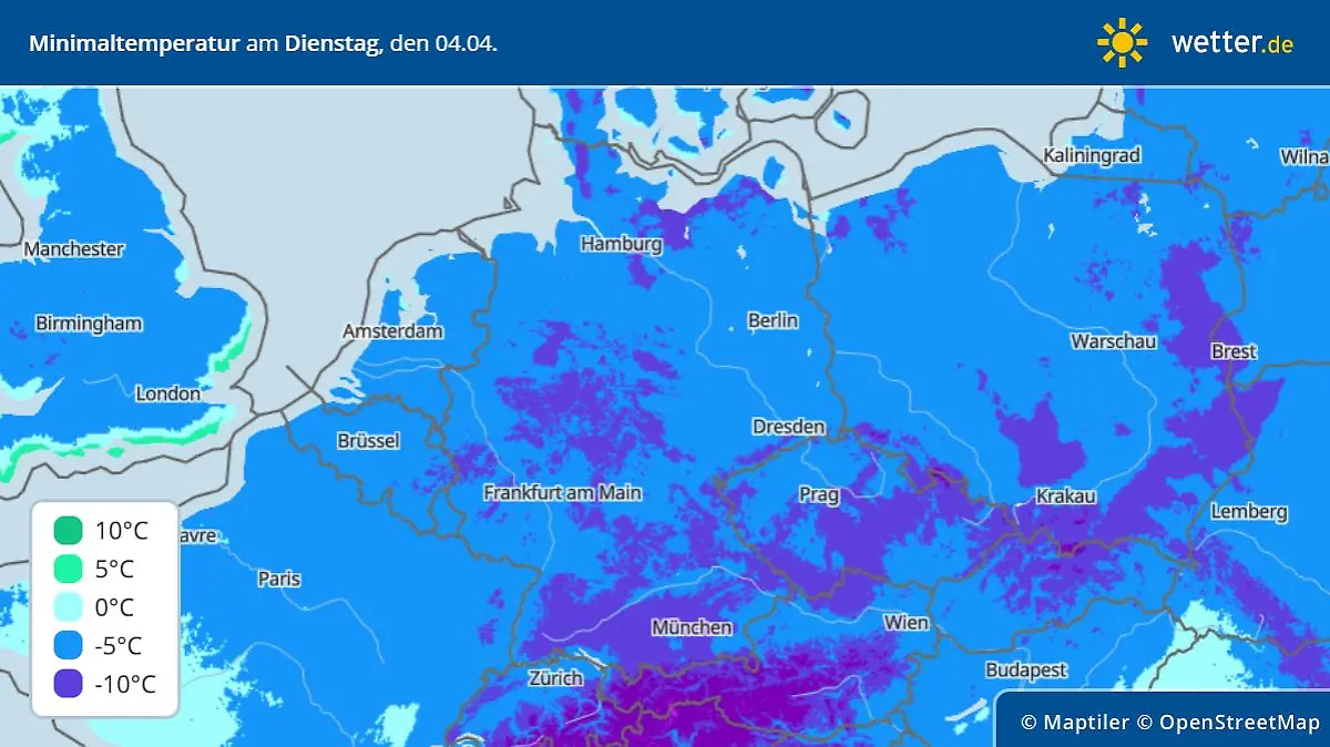Die Grafik zeigt die tiefsten Temperaturen am Dienstagmorgen, 04.04.2023