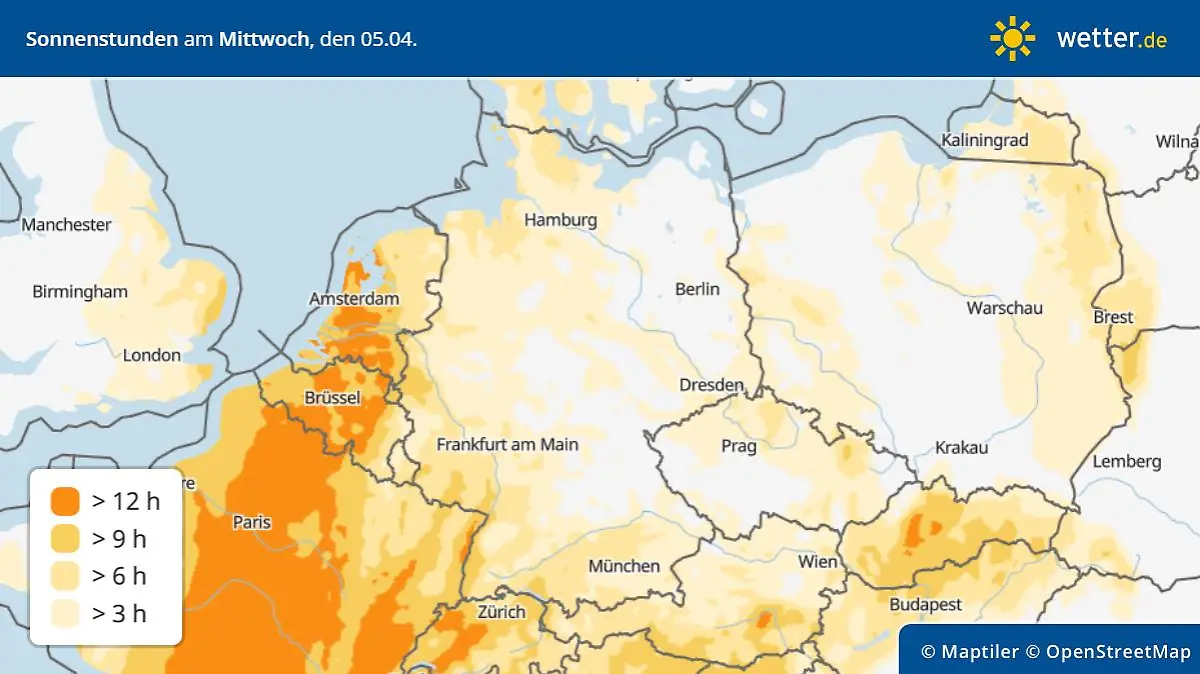 Die Grafik zeigt die Sonnenscheindauer für Mittwoch, 05.04,2023