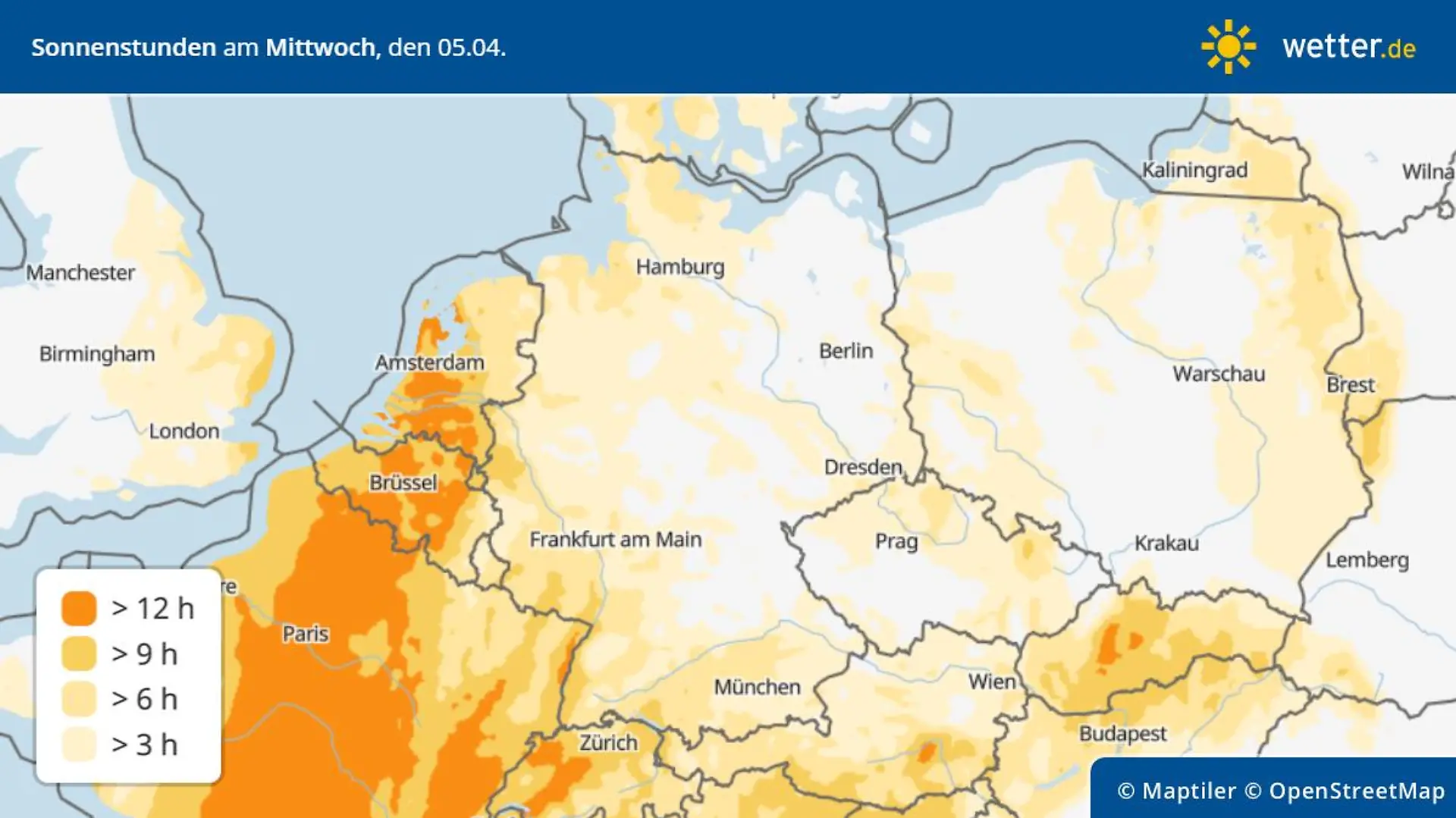 Die Grafik zeigt die Sonnenscheindauer für Mittwoch, 05.04,2023