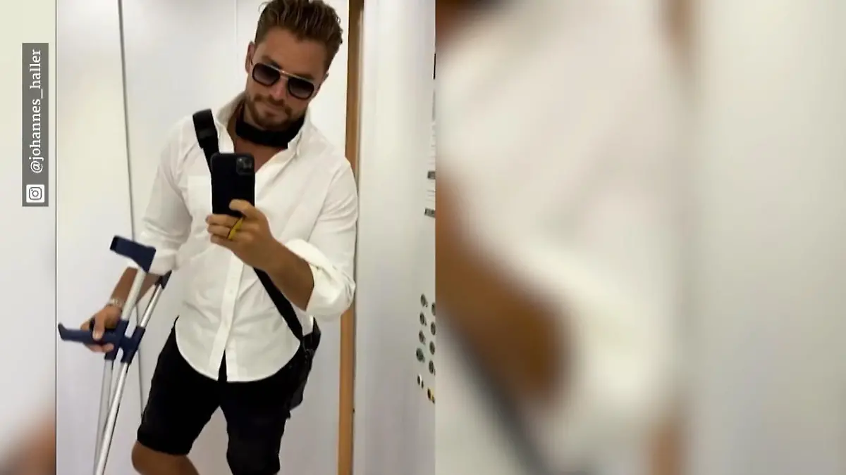 Johannes Haller auf Gehhilfen Bachelorette-Star mit Knochenschaden