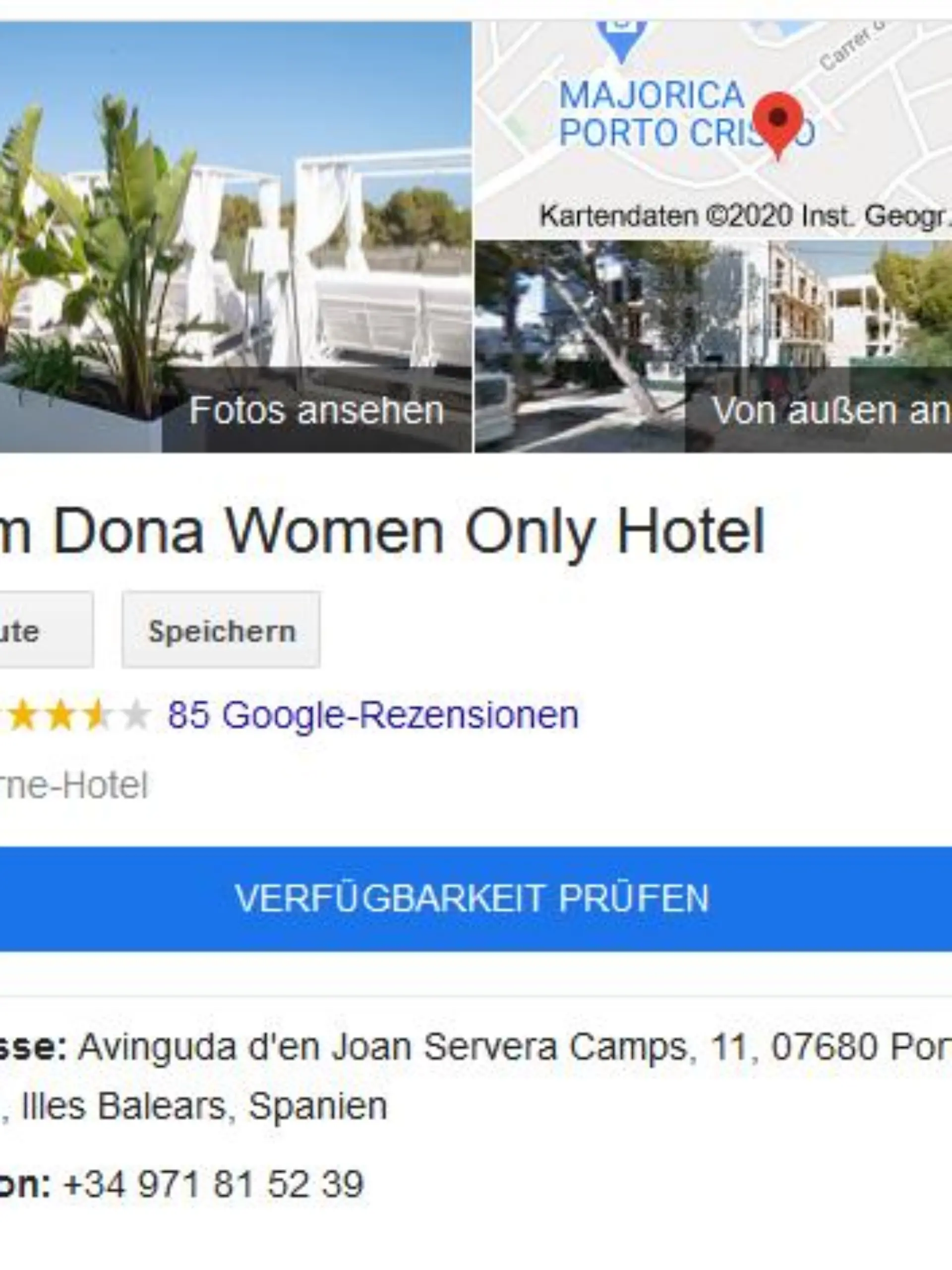 Ein Screenshot der Googlesuche nahc dem Hotel Som Dona