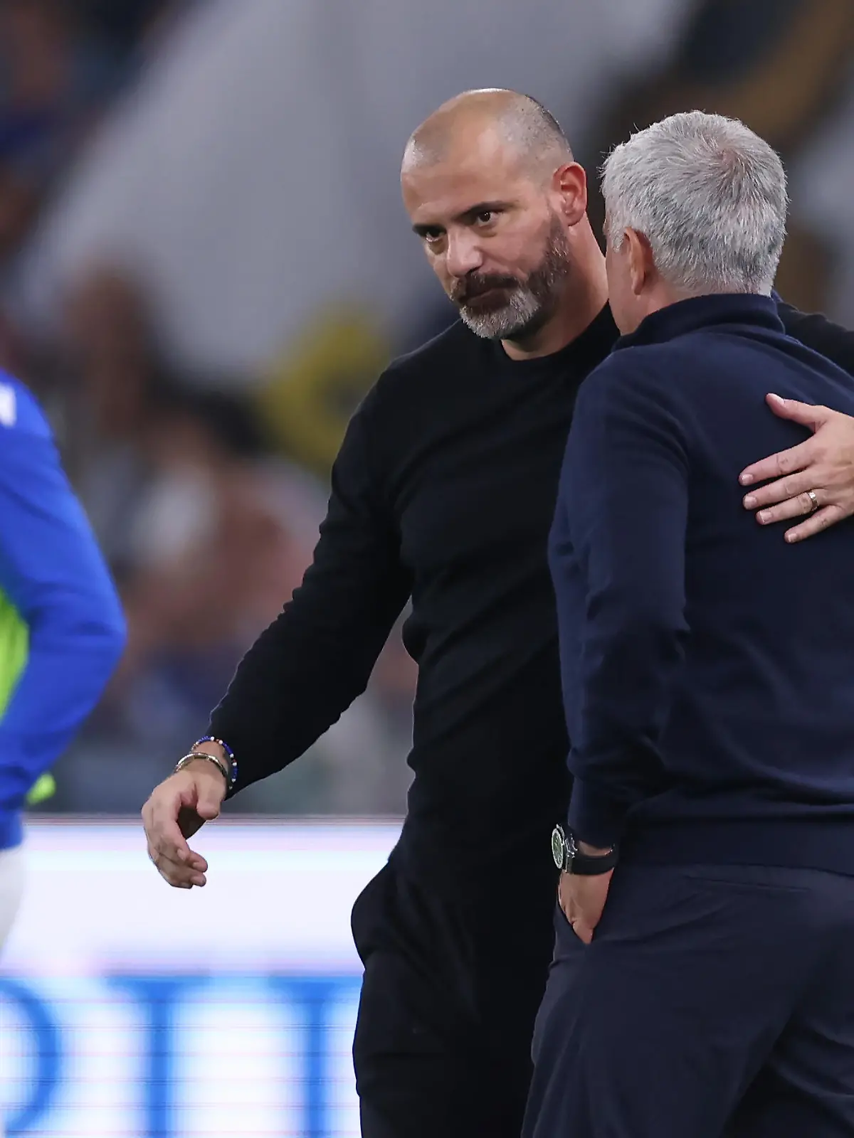 October 17, 2022, Genoa, United Kingdom: Genoa, Italy, 17th October 2022. Dejan Stankovic Head coach of UC Sampdoria embraces Jose Mourinho Head coach of AS Roma following the final whistle of the Serie A match at Luigi Ferraris, Genoa. Photo via Newscom picture alliance