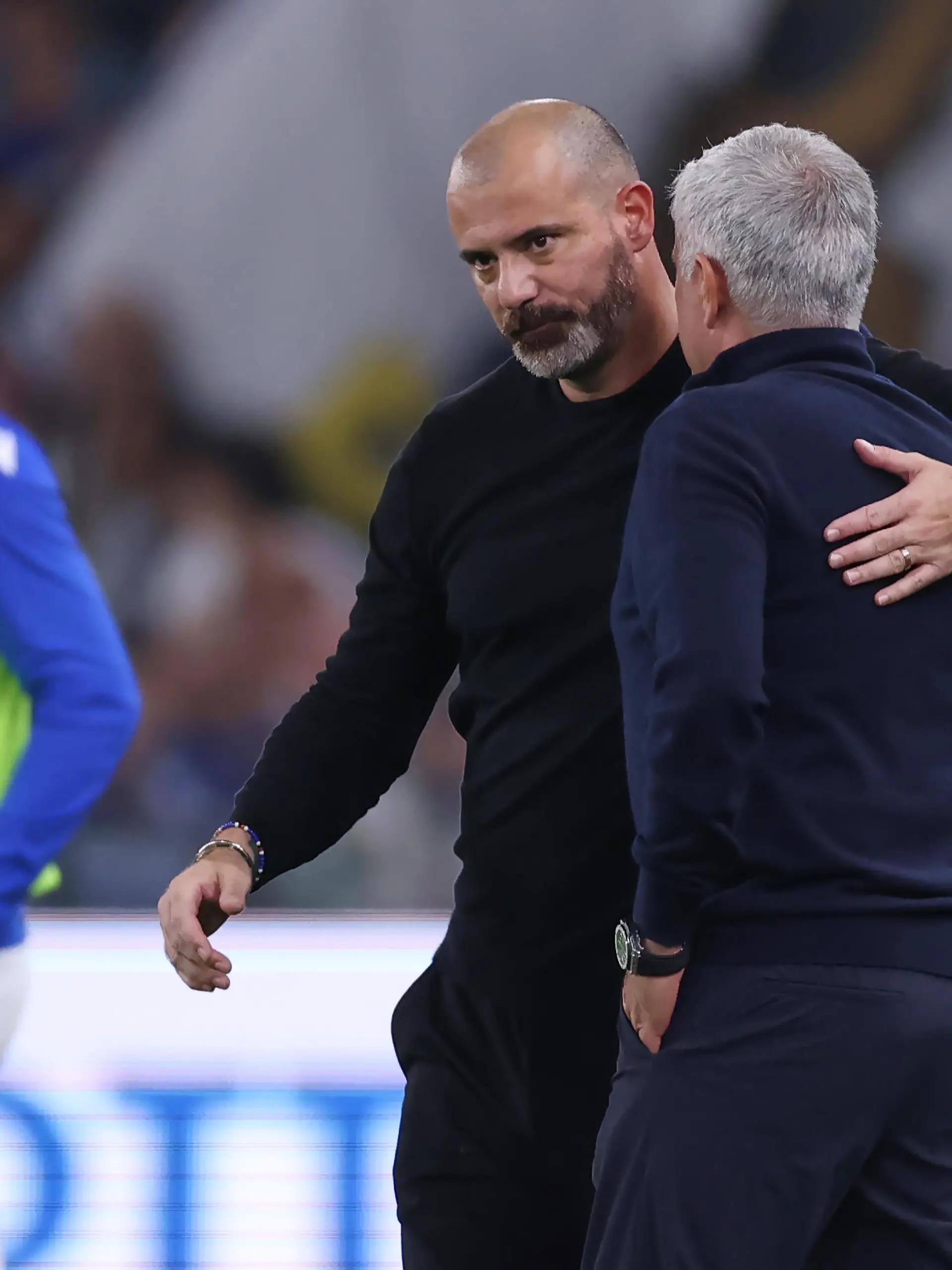 October 17, 2022, Genoa, United Kingdom: Genoa, Italy, 17th October 2022. Dejan Stankovic Head coach of UC Sampdoria embraces Jose Mourinho Head coach of AS Roma following the final whistle of the Serie A match at Luigi Ferraris, Genoa. Photo via Newscom picture alliance