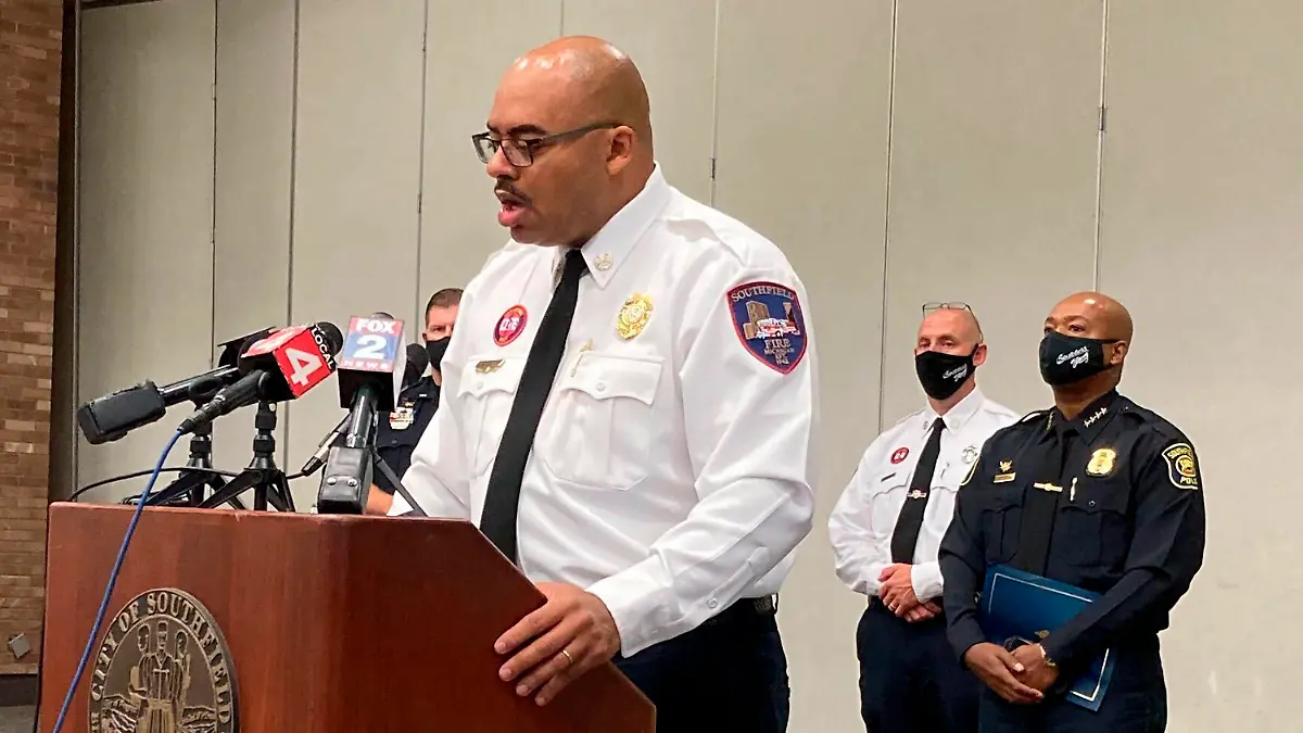 Southfield, Mich., Fire Chief Johnny Menifee holds a news conference on Wednesday, Aug. 26, 2020, in Southfield, Mich., in response to questions about a woman, Timesha Beauchamp, who was found alive at a funeral home. A Southfield emergency medical crew said there were no signs of life when they were called to Beauchamp's home on Aug. 23, 2020. (AP Photo/Ed White)