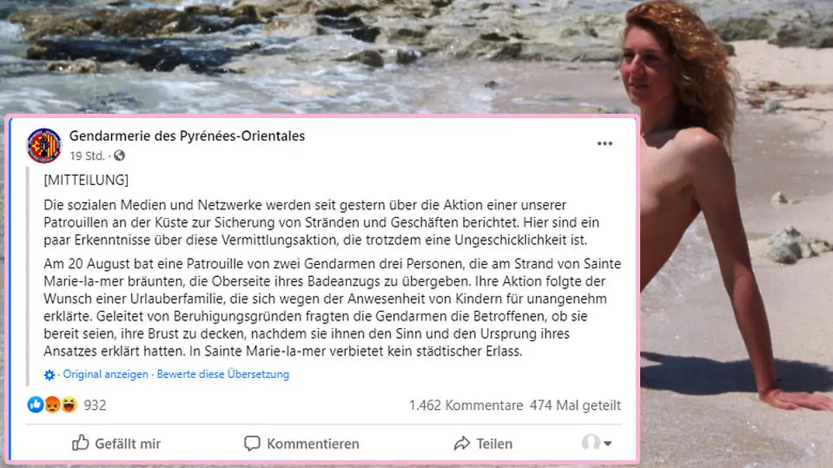 Die Gendarmerie des Pyrénées-Orientales reagierte auf Facebook auf die Diskussion um ein vermeintliches Oben-ohne-Verbot (Fotos: dpa; Screenshot Facebook)