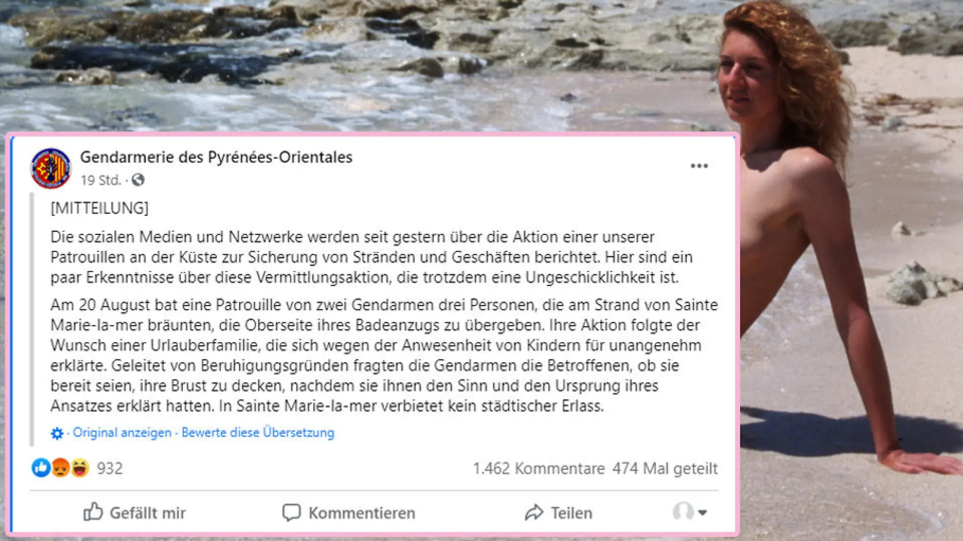 Die Gendarmerie des Pyrénées-Orientales reagierte auf Facebook auf die Diskussion um ein vermeintliches Oben-ohne-Verbot (Fotos: dpa; Screenshot Facebook)