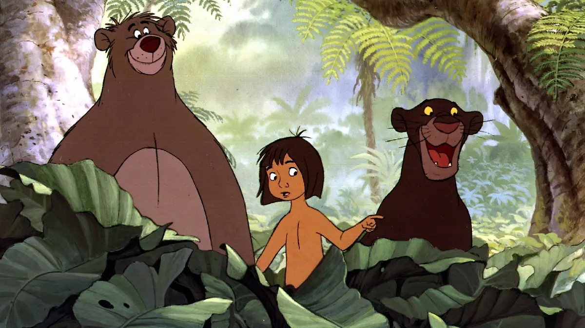 Der Waisenjunge Mogli, der fernab von allen Menschen unter Bären im indischen Dschungel aufgewachsen ist, wird auf seiner abenteuerlichen Flucht vor dem Tiger Shir Khan von dem Bären Baloo (l) und dem weisen Panther Bagheera (r) begleitet. Der in über dreijähriger Arbeit in den Disney-Studios entstandene Zeichtrickfilm "Das Dschungelbuch" nach dem gleichnamigen Kinderbuchklassiker von Rudyard Kipling kam 1967 in die Kinos und war die letzte Produktion, an der Firmengründer Walt Disney selbst mitwirkte.