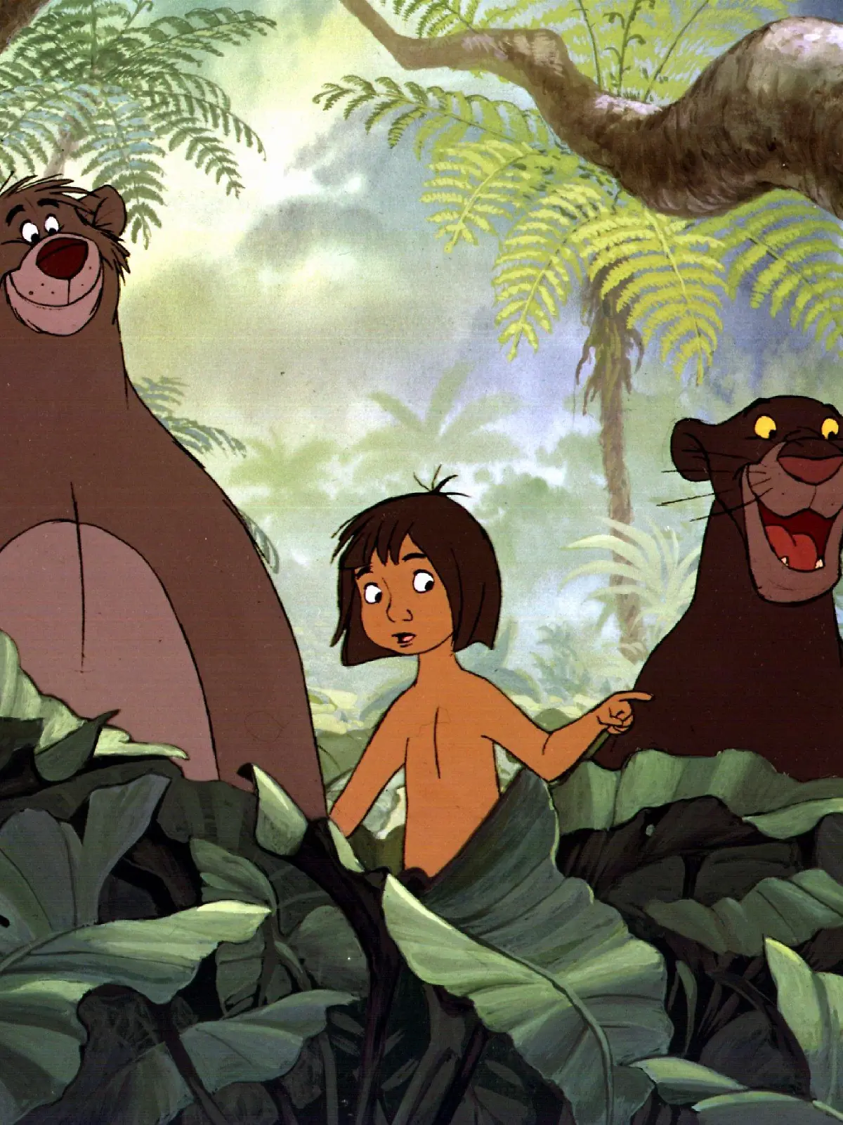 Der Waisenjunge Mogli, der fernab von allen Menschen unter Bären im indischen Dschungel aufgewachsen ist, wird auf seiner abenteuerlichen Flucht vor dem Tiger Shir Khan von dem Bären Baloo (l) und dem weisen Panther Bagheera (r) begleitet. Der in über dreijähriger Arbeit in den Disney-Studios entstandene Zeichtrickfilm "Das Dschungelbuch" nach dem gleichnamigen Kinderbuchklassiker von Rudyard Kipling kam 1967 in die Kinos und war die letzte Produktion, an der Firmengründer Walt Disney selbst mitwirkte.