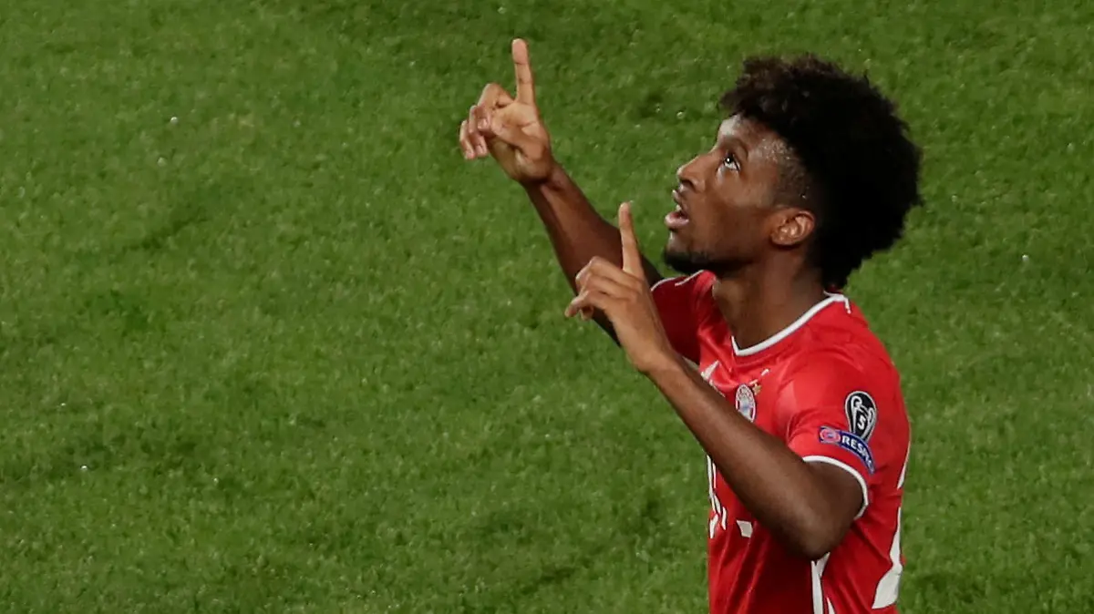 Soccer Football - Champions League - Final - Bayern Munich v Paris St Germain - Estadio da Luz, Lisbon, Portugal - August 23, 2020  Bayern Munich's Kingsley Coman celebrates scoring their first goal, as play resumes behind closed doors following the outbreak of the coronavirus disease (COVID-19)  Manu Fernandez/Pool via REUTERS