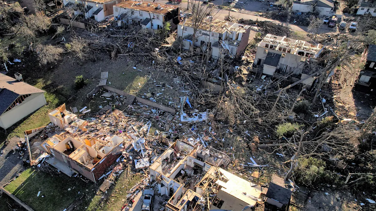 An aerial view of a destroyed homes in the aftermath of a tornado, after a monster storm system tore through the South and Midwest on Friday in Little Rock, Arkansas, U.S. April 1, 2023. REUTERS/Cheney Orr