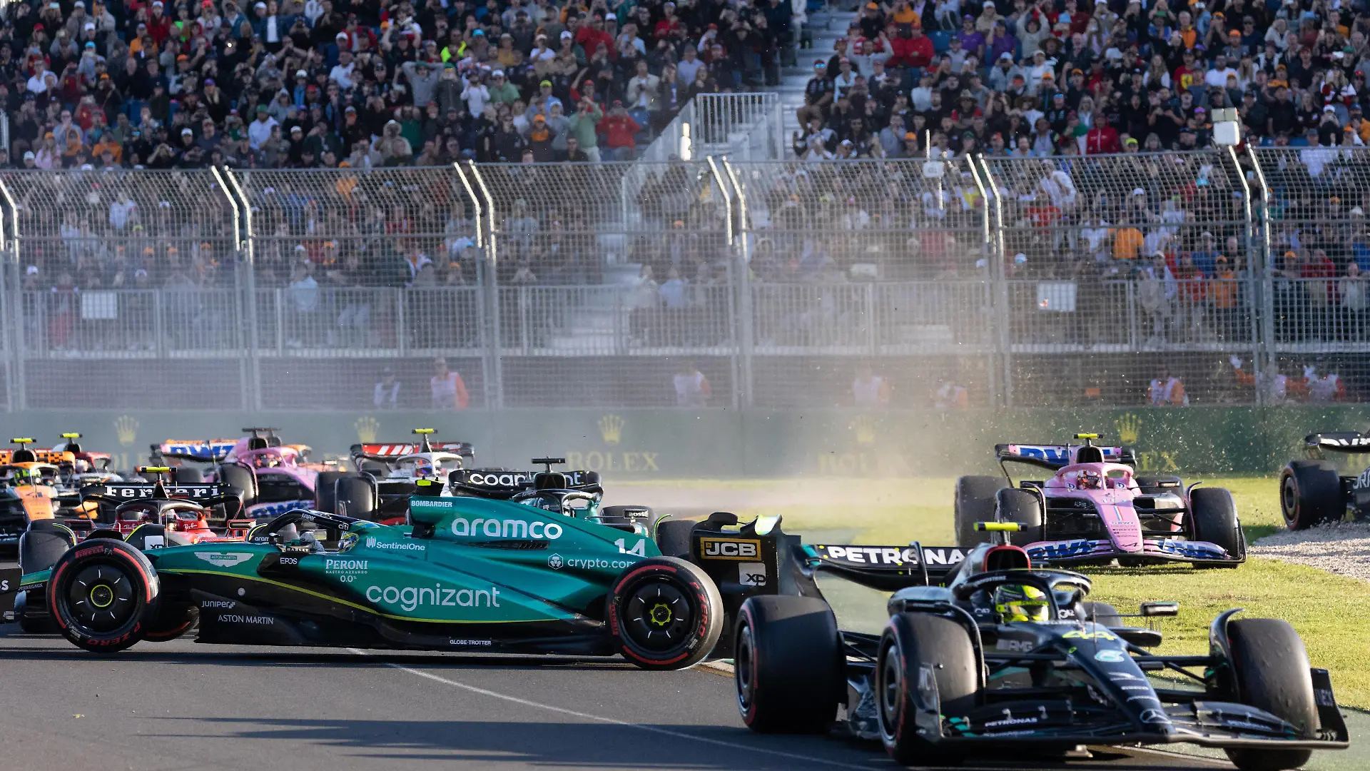 MELBOURNE, AUSTRALIA - APRIL 02: Fernando Alonso 14 driving for Aston Martin Aramco Cognizant F1 Team colliding during The Australian Formula One Grand Prix on April 02, 2023, at The Melbourne Grand Prix Circuit in Albert Park, Australia. Photo by Dave Hewison/Speed Media/Icon Sportswire AUTO: APR 02 F1 - Australian Grand Prix Icon23040229102