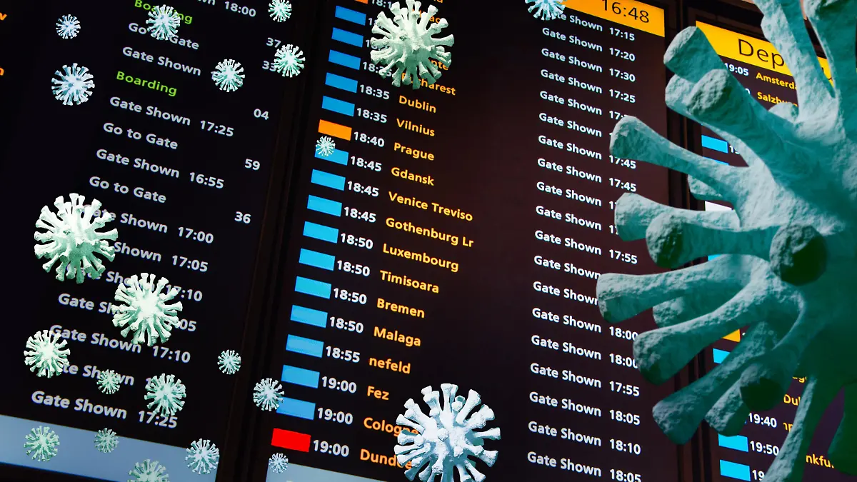Coronavirus fliegt um Anzeigetafel am Flughafen