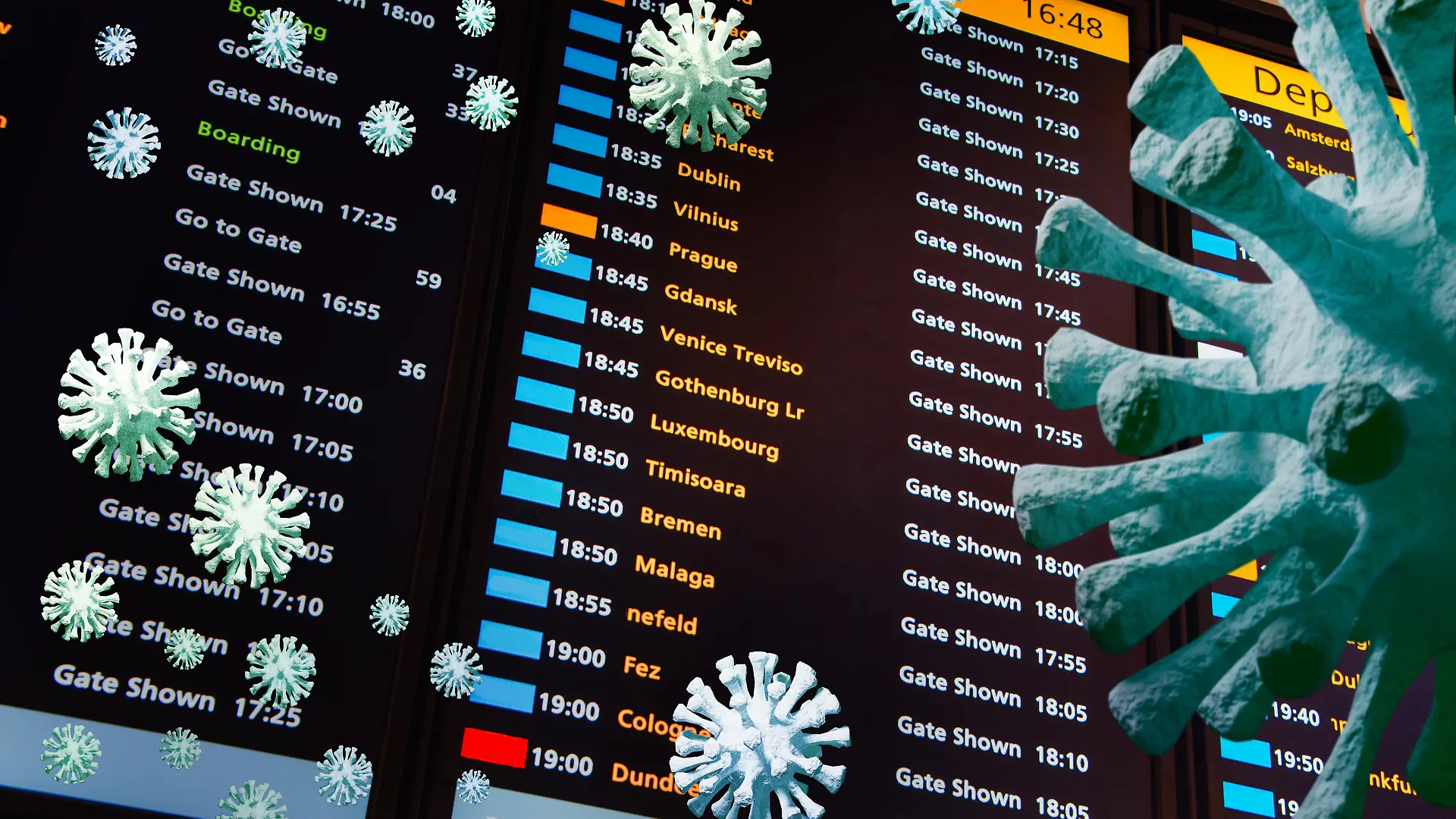 Coronavirus fliegt um Anzeigetafel am Flughafen
