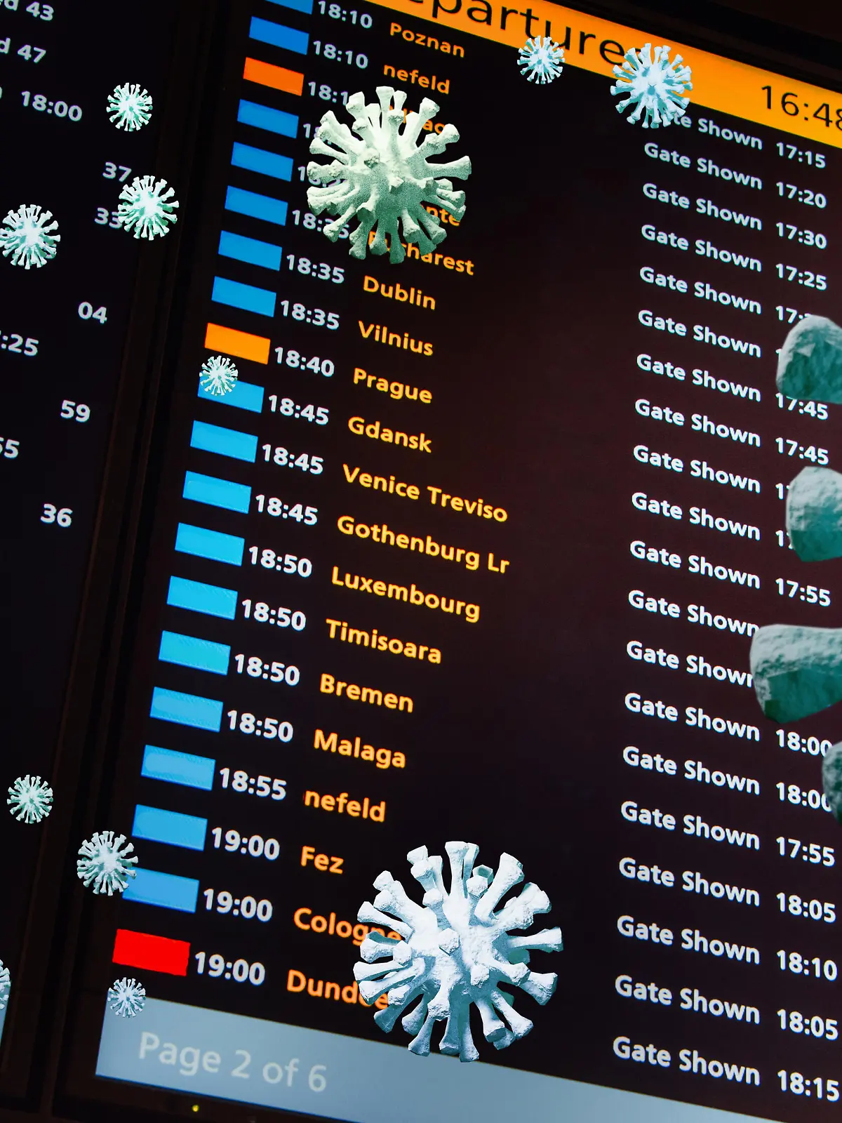 Coronavirus fliegt um Anzeigetafel am Flughafen
