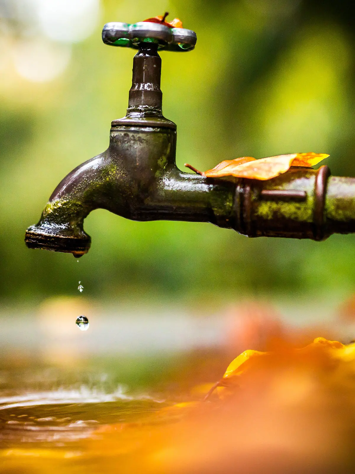 Wasser tropft am 17.10.2014 auf dem Hauptfriedhof von Frankfurt am Main aus einem alten Wasserhahn in ein Becken, in dem sich schon viele herbstlich verfärbte Blätter gesammelt haben. Foto: Frank Rumpenhorst/dpa +++(c) dpa - Bildfunk+++