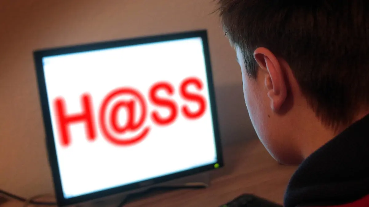 Symbolbild Mobbing unter Jugendlichen: Heranwachsender sitzt am Bildschirm eines PC s mit Schriftzug Hass
Symbol image Bullying under Young people adolescent sits at Screen a PC S with emblem Hatred