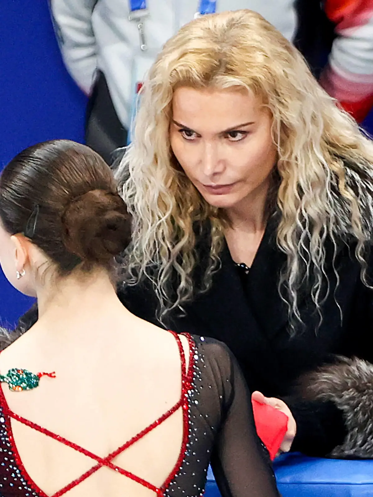  BEIJING, CHINA - FEBRUARY 17, 2022: Figure skater Kamila Valieva L of Team ROC approaches her coach Eteri Tutberidze ahead of the women s free skating programme at the Capital Indoor Stadium at the 2022 Winter Olympic Games, Olympische Spiele, Olympia, OS Valery Sharifulin/TASS PUBLICATIONxINxGERxAUTxONLY TS123F3E
