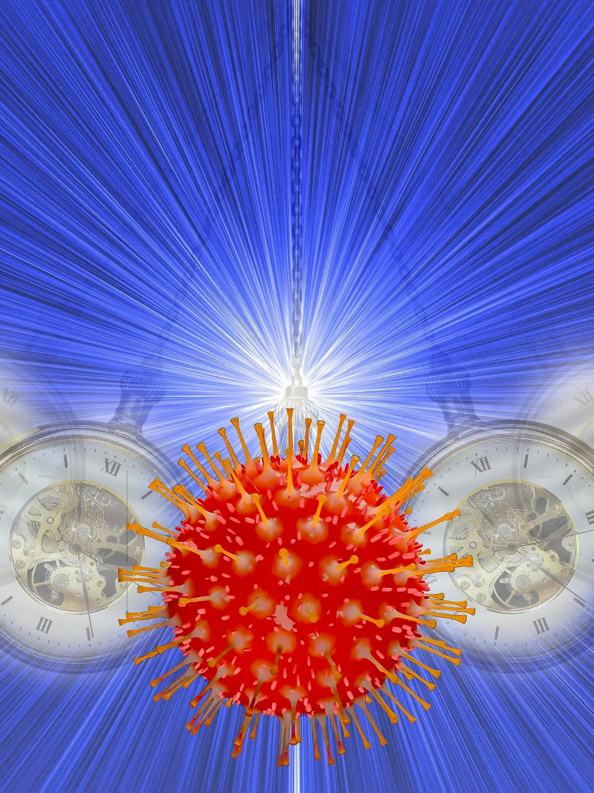  FOTOMONTAGE, Symbolbild, pendelnde Uhr mit Coronavirus, Pandemie, Forschung nach einem Impfstoff und Medikament gegen Covid-19, Deutschland, Europa *** PHOTOMONTAGE, symbolic picture, swinging clock with coronavirus, pandemic, research for a vaccine and medication against Covid 19, Germany, Europe Copyright: imageBROKER/KurtxAmthor ibxamt05779064.jpg Bitte beachten Sie die gesetzlichen Bestimmungen des deutschen Urheberrechtes hinsichtlich der Namensnennung des Fotografen im direkten Umfeld der Veröffentlichung!