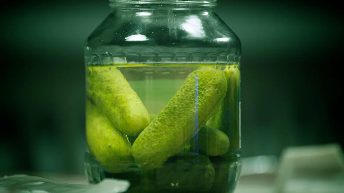 Close-up shot of a pickle jar.