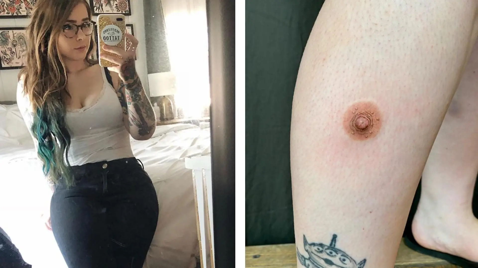 Was hat dieser Nippel auf einem Bein zu suchen? Es ist die Arbeit von Tätowiererin Shannon (li.) aus den USA.