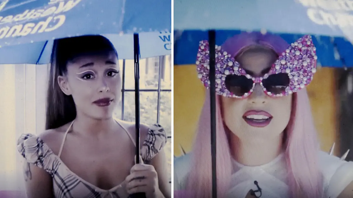 Hier machen Ariana Grande und Lady Gaga auf Instagram Werbung für die Single "Rain On Me". Den Regenschirm hätte Ariana auch bei dem Videodreh zur Single gebrauchen können, um sich vor Lady Gags Nägeln zu schützen.