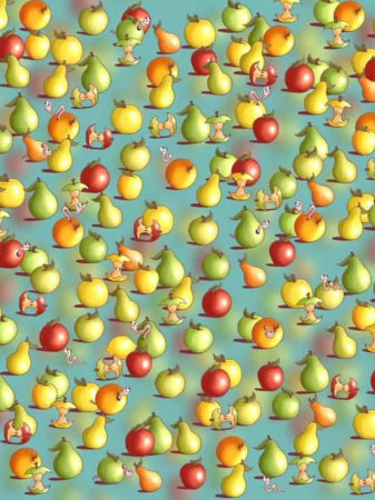 Auf dem Bild sieht man viele Äpfel und Birnen und dazwischen eine einzelne Zitrone, die versteckt ist.