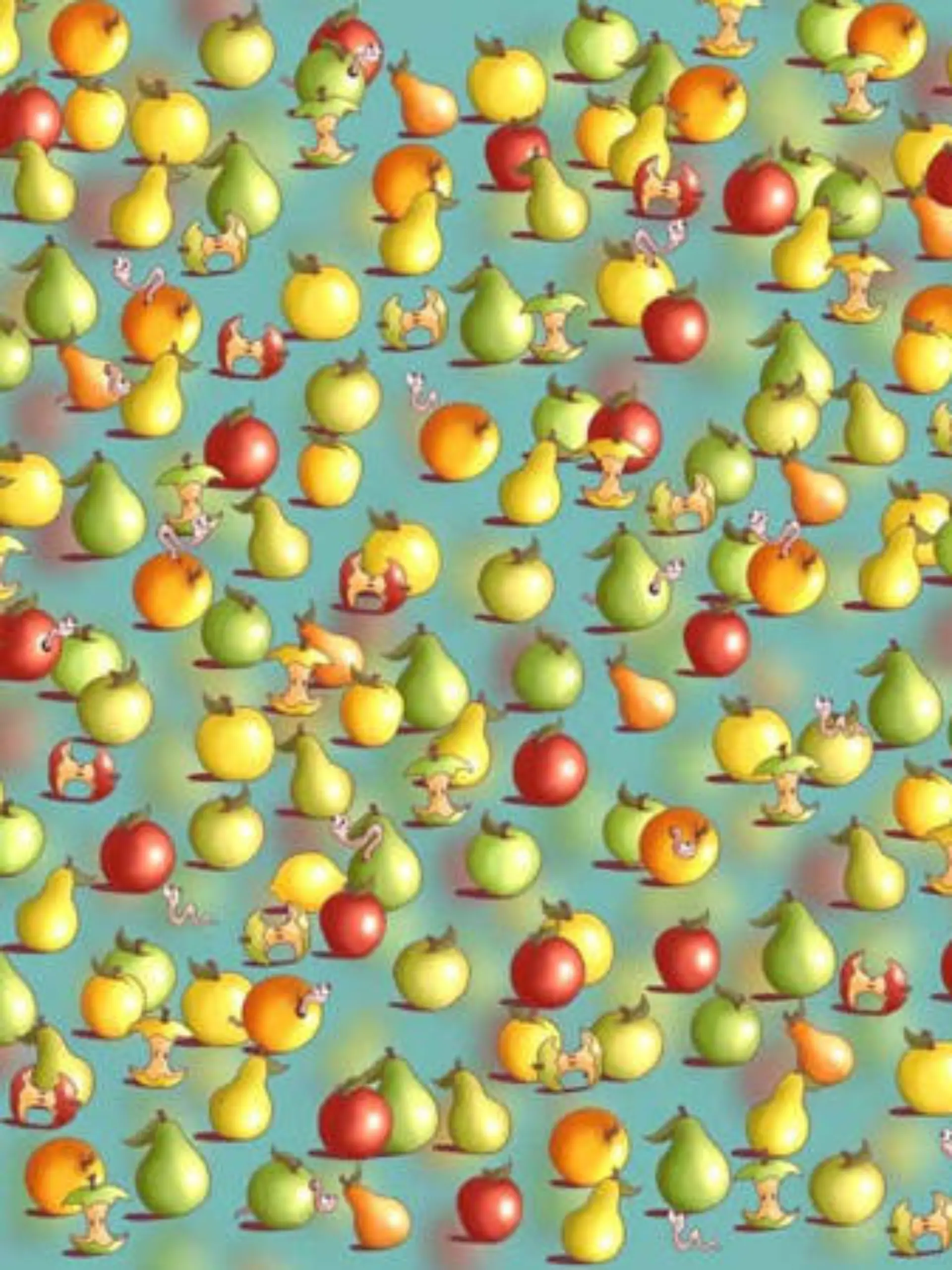Auf dem Bild sieht man viele Äpfel und Birnen und dazwischen eine einzelne Zitrone, die versteckt ist.