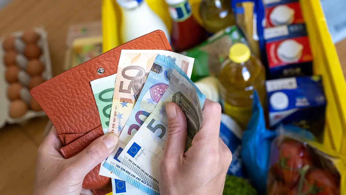 ARCHIV - 02.06.2022, Sachsen, Leipzig: Eine Einkaufskiste mit Lebensmitteln steht auf einem Küchentisch, während eine Frau Euro-Banknoten in den Händen hält. Russlands Krieg gegen die Ukraine hat auch Folgen für Verbraucherinnen und Verbraucher in Deutschland. Das Leben hierzulande hat sich deutlich verteuert. (zu dpa: «Ein Jahr Ukraine-Krieg: Energiepreisschock und hohe Inflation») Foto: Hendrik Schmidt/dpa +++ dpa-Bildfunk +++