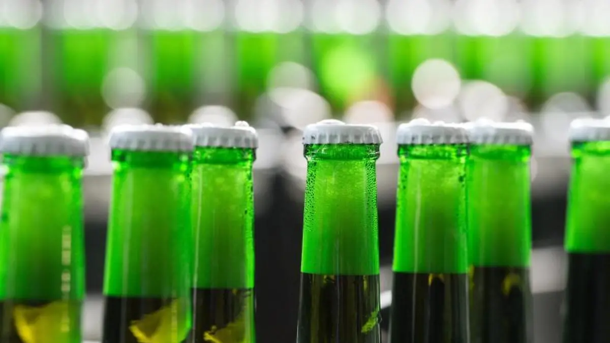 Flaschen mit Bio-Bier auf einem Förderband