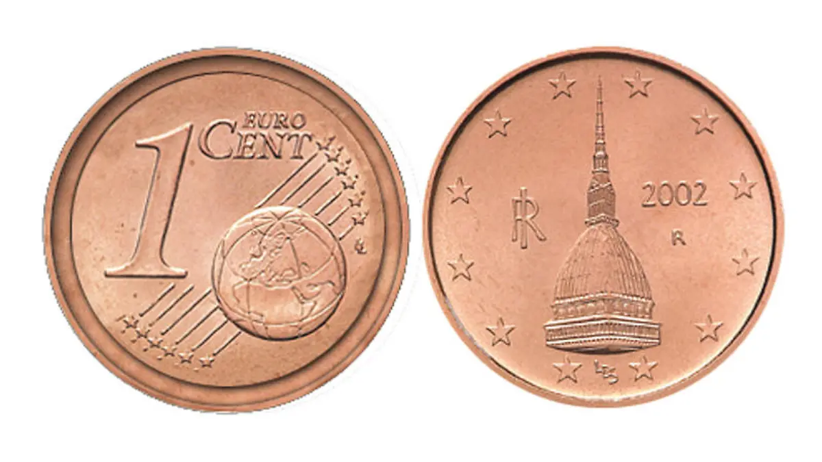 Auf dem Bild sieht man eine 1-Cent-Münze aus Italien mit einer seltenen Fehlprägung